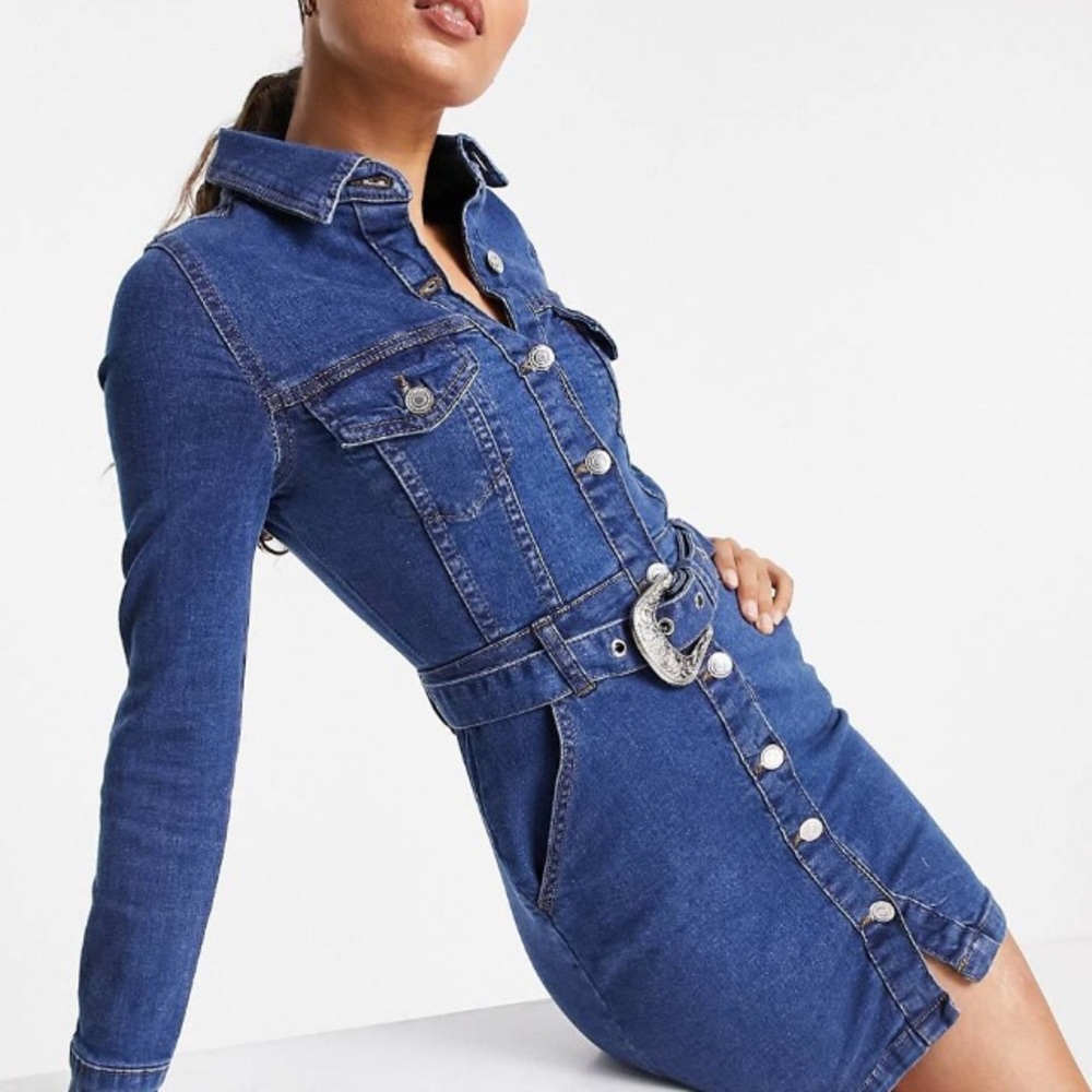 New COTTON stretch denim Mid-blue wash  belted dress *a174J